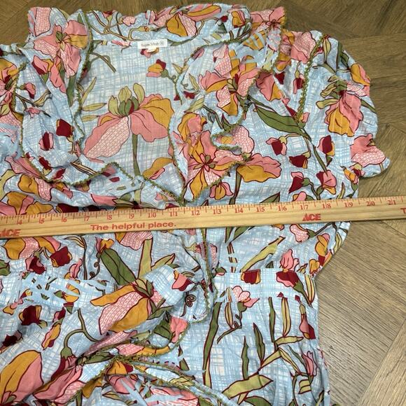 Poupette St. Barth Size Large Aude Wrap Mini Dress Blue Floral Ruffle Feminine - Picture 9 of 12